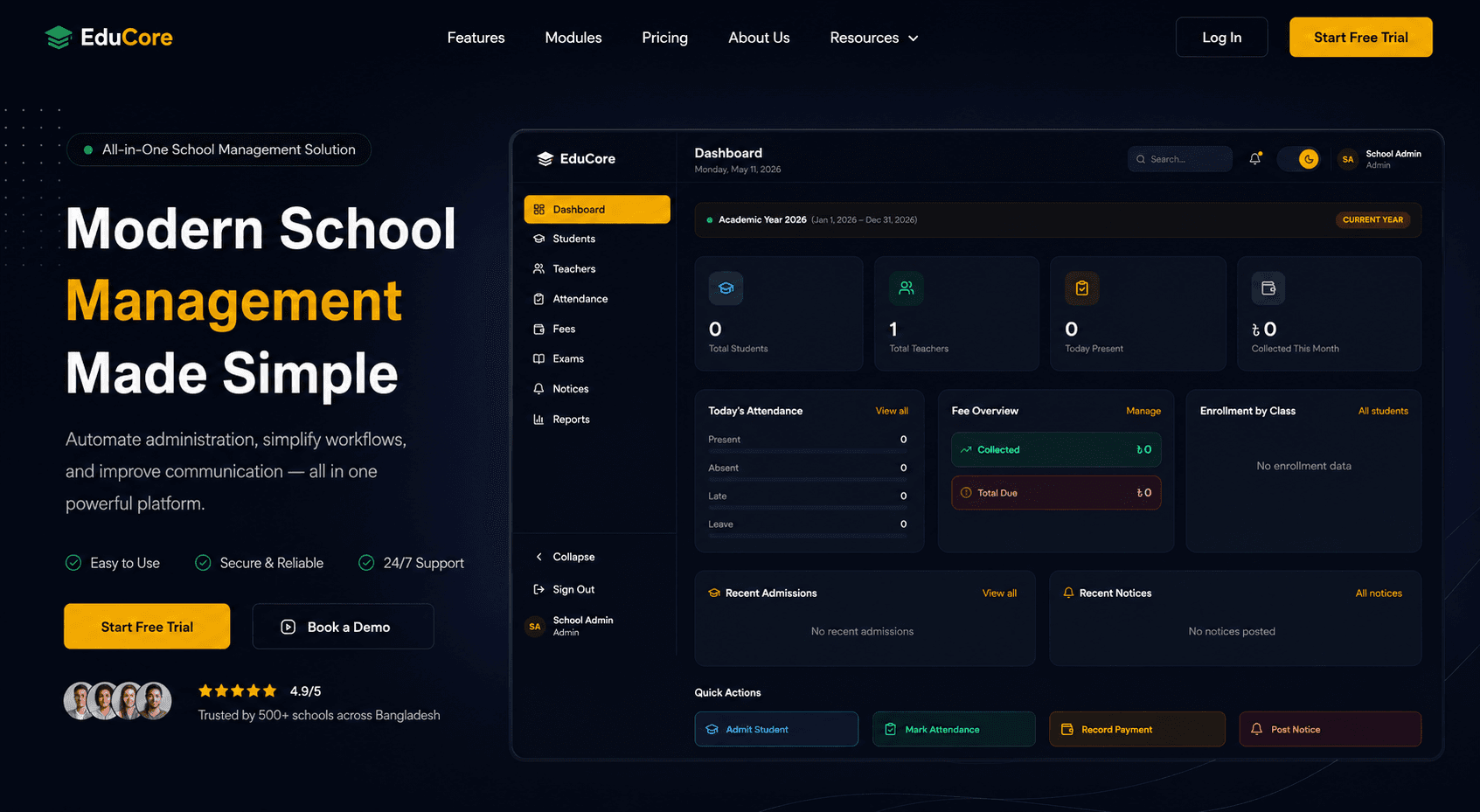 EduCore Dashboard Mockup